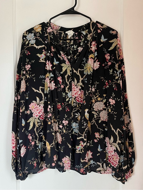 H&M Tops - H&M Black Floral Tie-Neck Blouse with Bird Motif